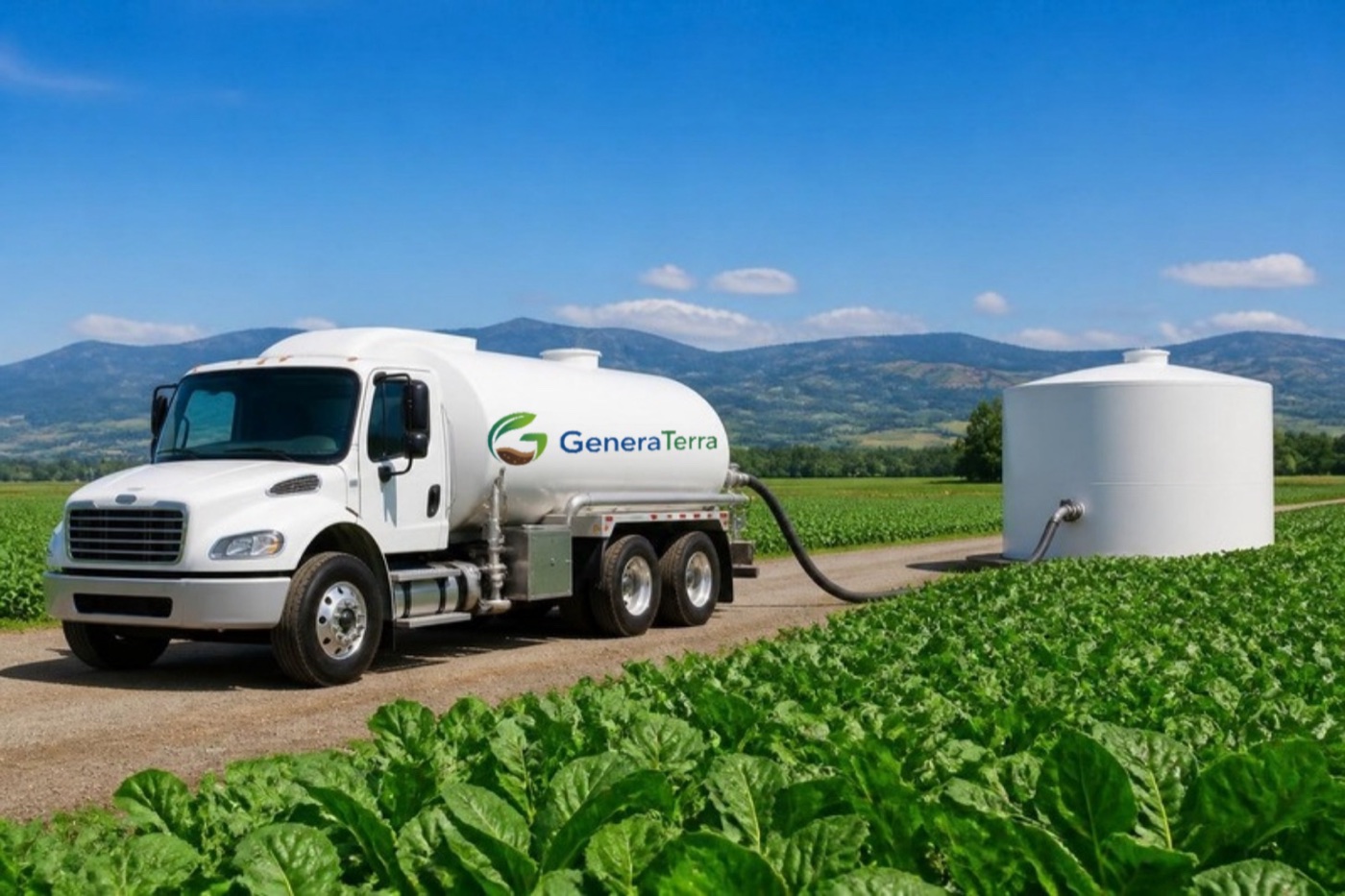 Camión cisterna descargando GeneraTerra Líquido junto a un cultivo verde