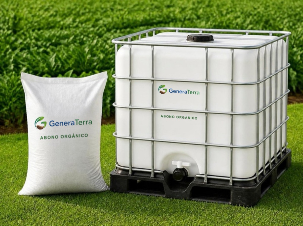 Saco de 20 kg y contenedor IBC de GeneraTerra frente a un cultivo verde