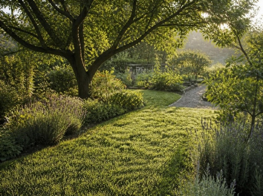 Jardín con césped verde y arbustos florecidos